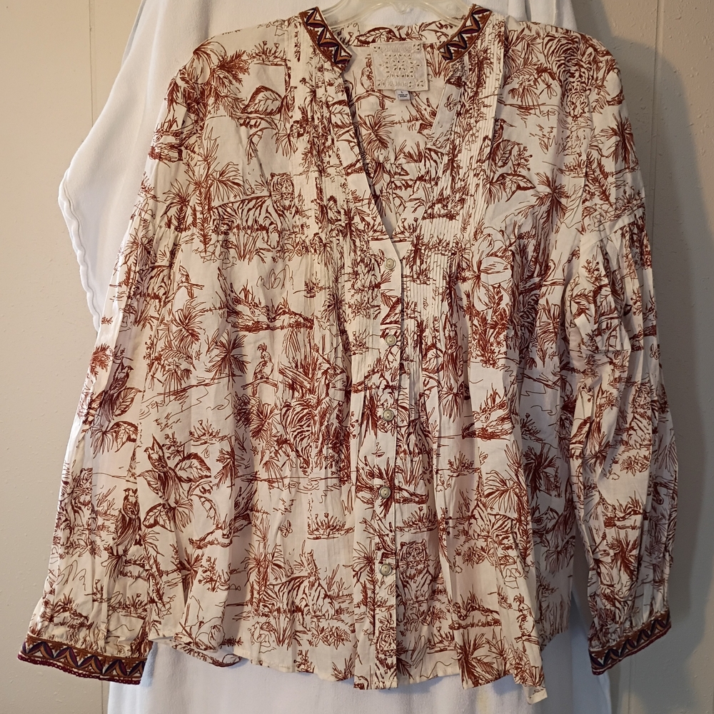Women's Cream and Brown Patterned Top